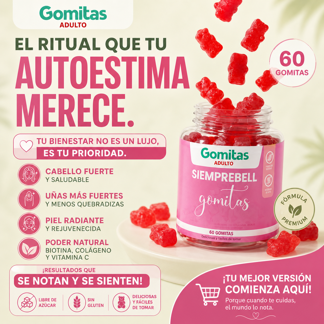 Gomitas Siemprebell – INOLVIDABLE | Cabello, Piel y Uñas en Semanas l 🎁 SOLO HOY: Llévate GRATIS el Ebook Premium “El Arte de Tus Curvas”