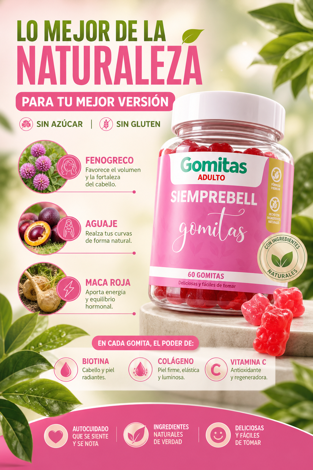 Gomitas Siemprebell – INOLVIDABLE | Cabello, Piel y Uñas en Semanas l 🎁 SOLO HOY: Llévate GRATIS el Ebook Premium “El Arte de Tus Curvas”
